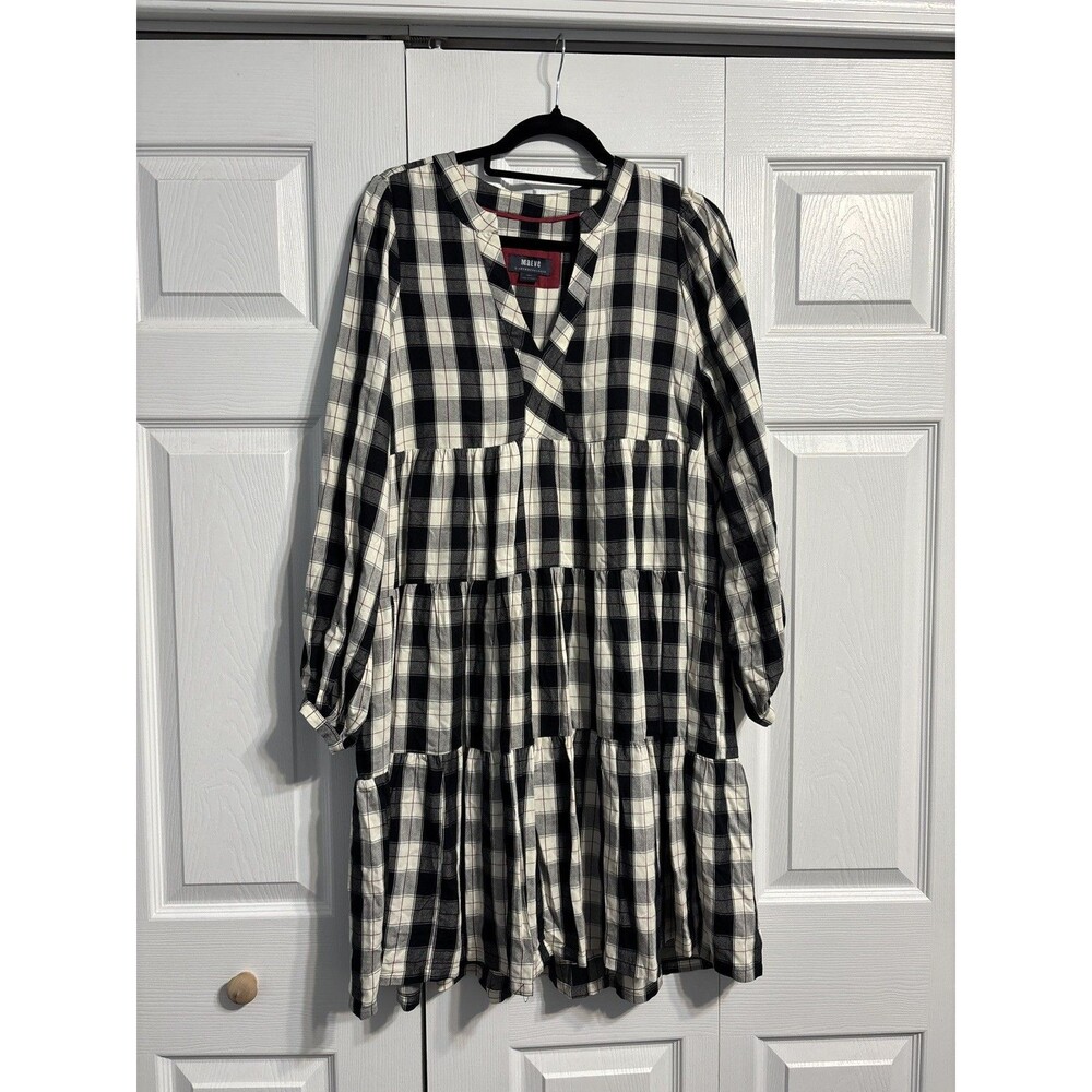 Maeve Anthropologie Amber Plaid Tiered Long Sleeve babydoll Dress black red boho